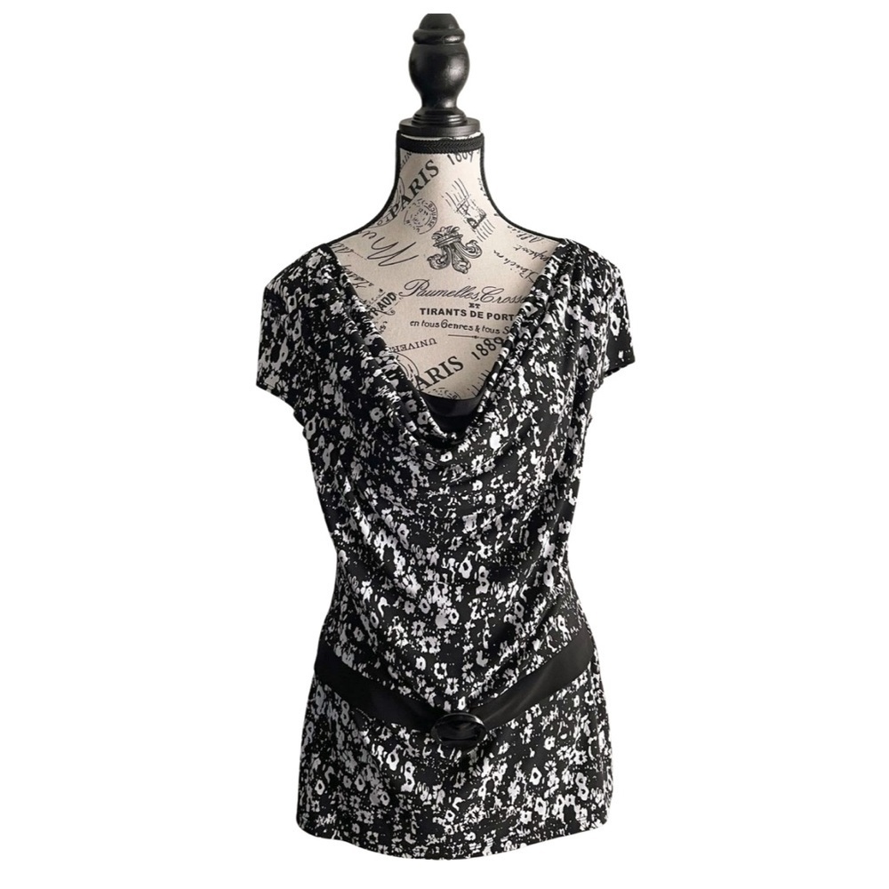 Y2K Melanie Lyne Abstract Print Drape Neck Top w/ Belt Detail | Size M